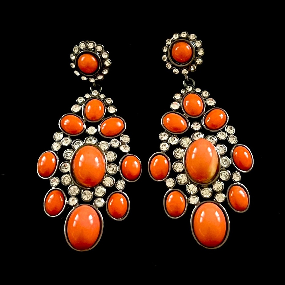 RJ Graziano Signed Coral and Crystal dangling Earrings NWOT